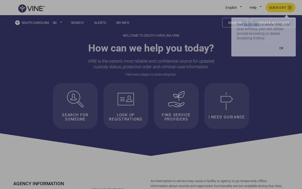 Hampton County VINELink inmate search and release alert screen
